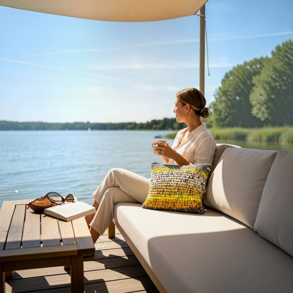 Kissen Golden Haze auf Gartensofa mit Meerblick und mediterraner Terrassenkulisse, HOOKamSEE Unikat