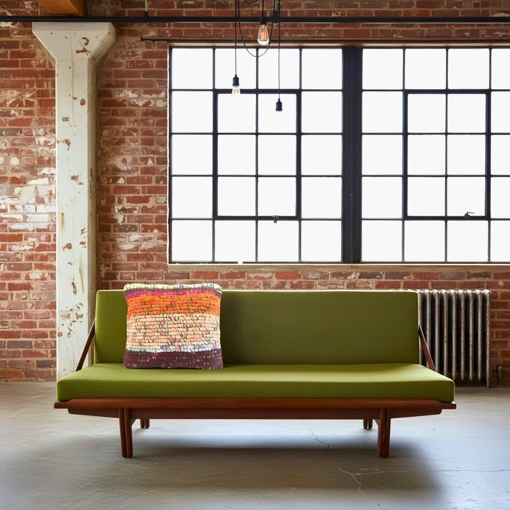 Kissen Rust Blossom auf olivgrünem Daybed vor Backsteinwand mit Sprossenfenster
