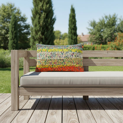 Kissen Sundown Grey auf Outdoor-Sitzbank aus Holz im Garten, Coiled-Crochet-Unikat von HOOKamSEE