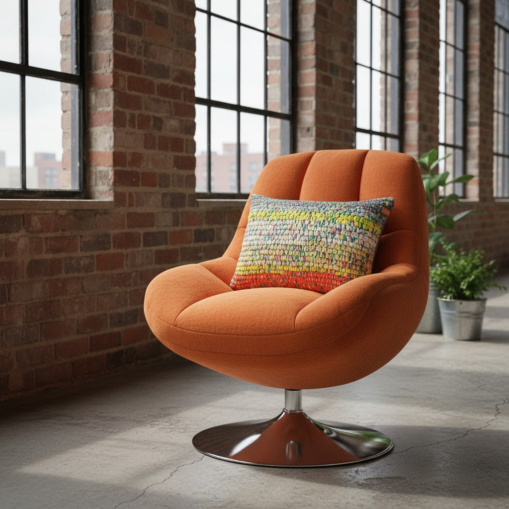 Kissen Sundown Grey auf orangefarbenem Loungesessel in Industrieloft mit Backsteinwänden
