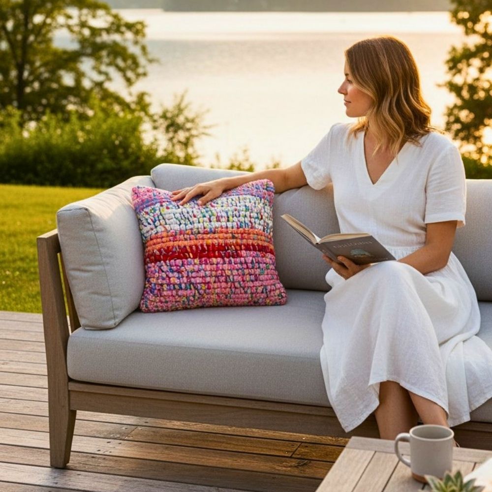 Kissen Sunset Rosé auf einer Terrasse am See in der Abendsonne, HOOKamSEE Unikat