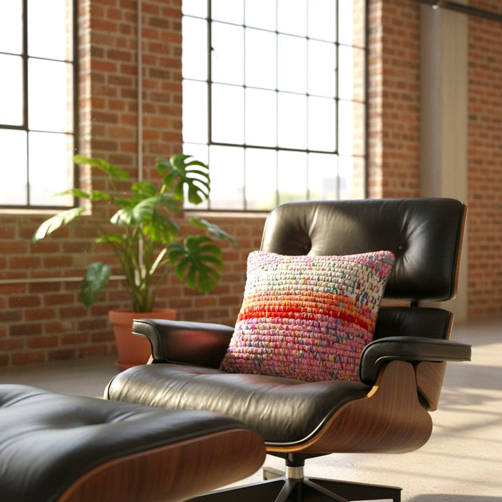 Kissen Sunset Rosé von HOOKamSEE auf schwarzem Ledersessel im Loft-Stil mit Backsteinwand, großen Fenstern und Zimmerpflanze