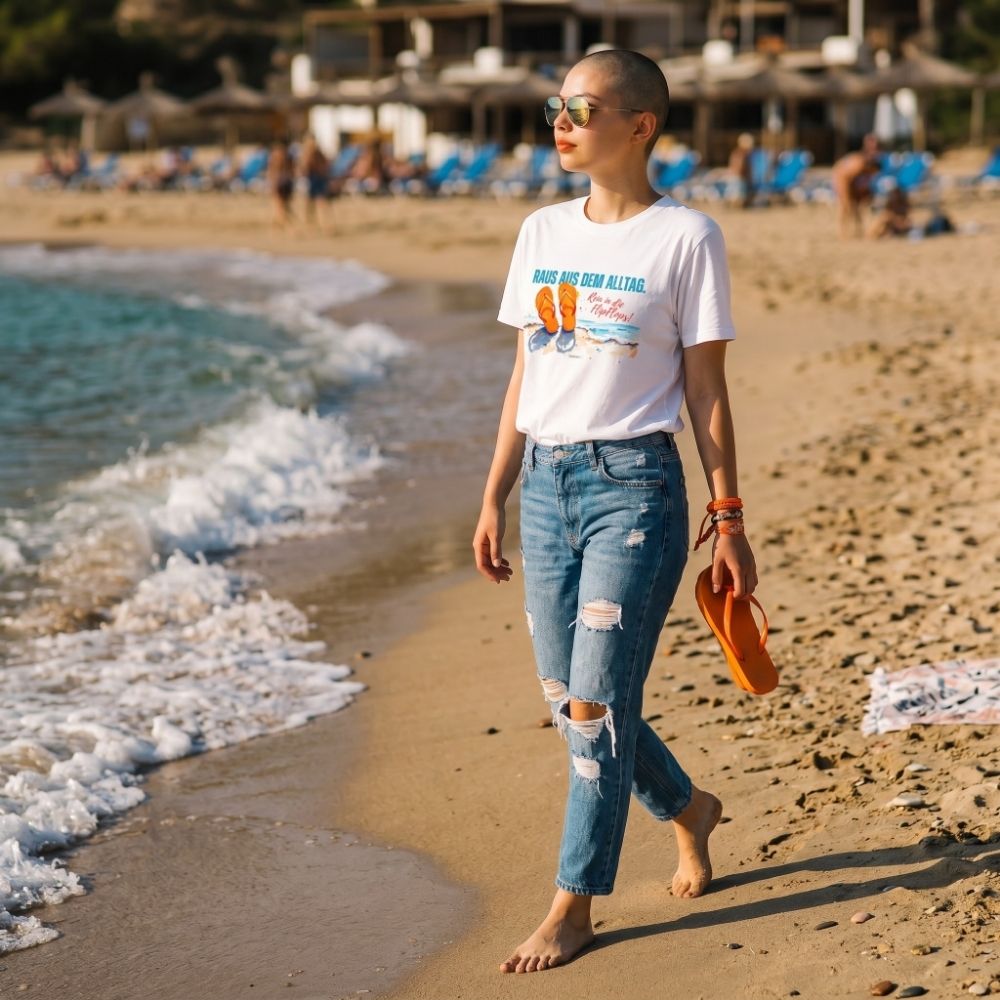 Frau läuft barfuß am Strand mit weißem HOOKamSEE Shirt und sommerlichem FlipFlops-Print.