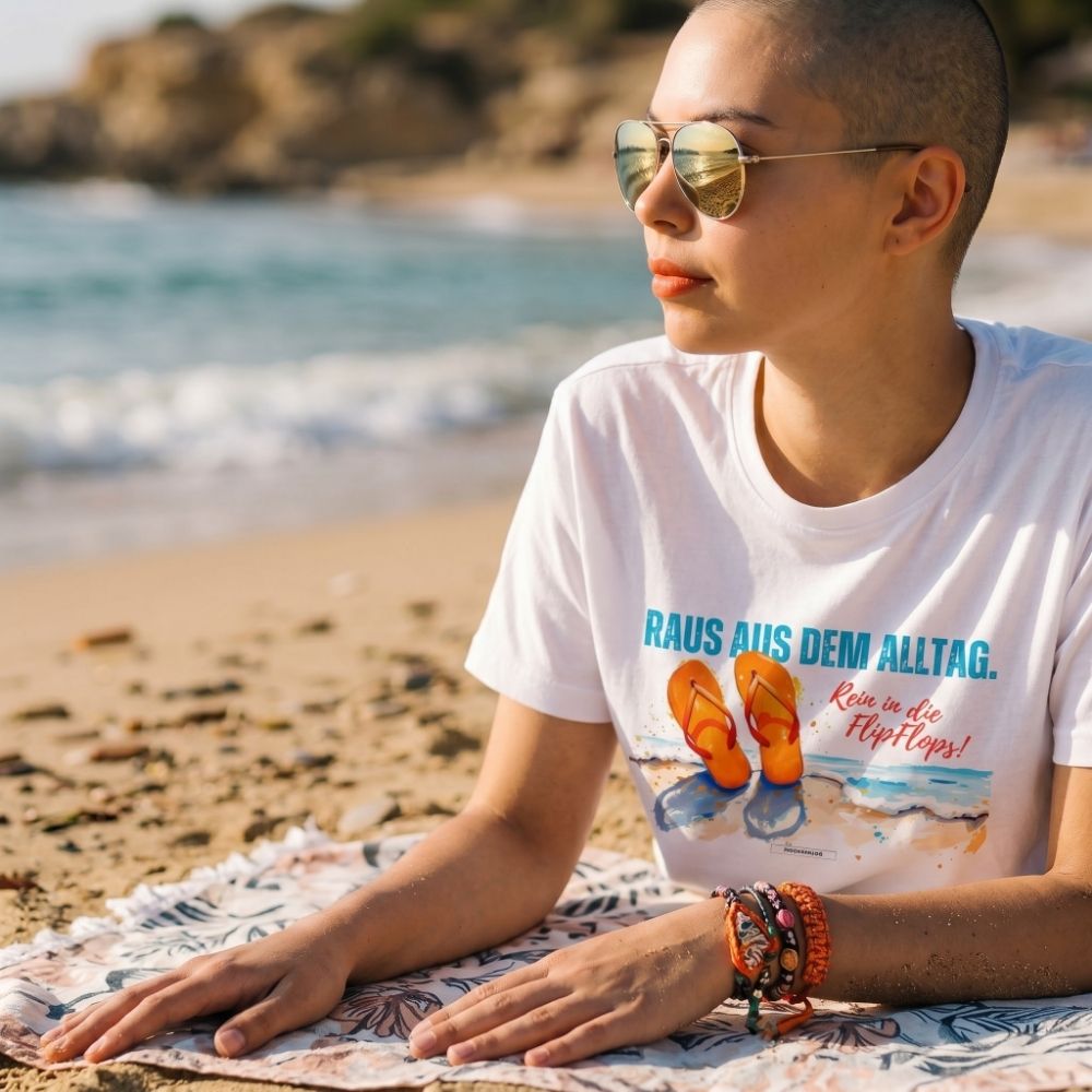     Detailaufnahme eines weißen Sommer-Shirts mit FlipFlops-Motiv und dem Spruch „Raus aus dem Alltag“.