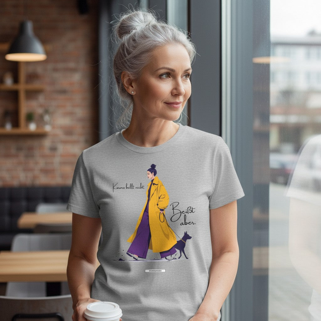 HOOKamSEE Shirt Karma bellt nicht. Beißt aber. in Grau meliert — KARMA-Kollektion Frauen Premium T-Shirt