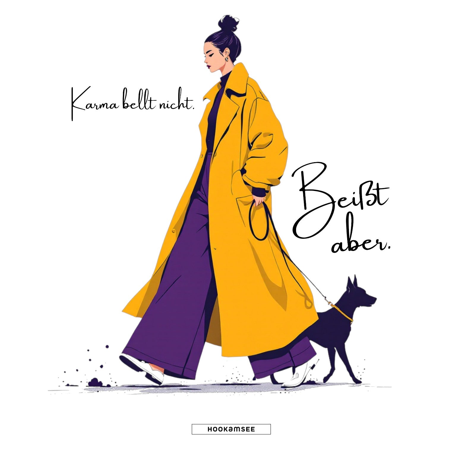 HOOKamSEE KARMA-Kollektion — Statement Motiv Karma bellt nicht. Beißt aber., Frau mit gelbem Mantel und schwarzem Hund