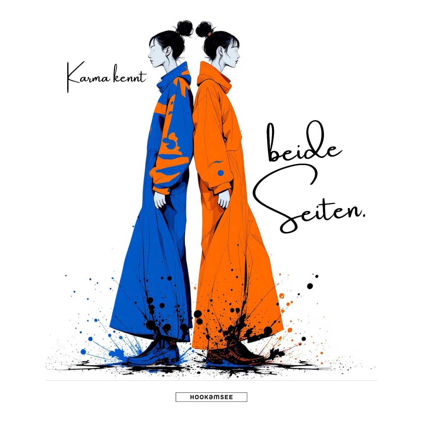 HOOKamSEE KARMA-Kollektion — Grafikdesign mit zwei stilisierten Figuren in Blau und Orange, Rücken an Rücken, Tintensplatter