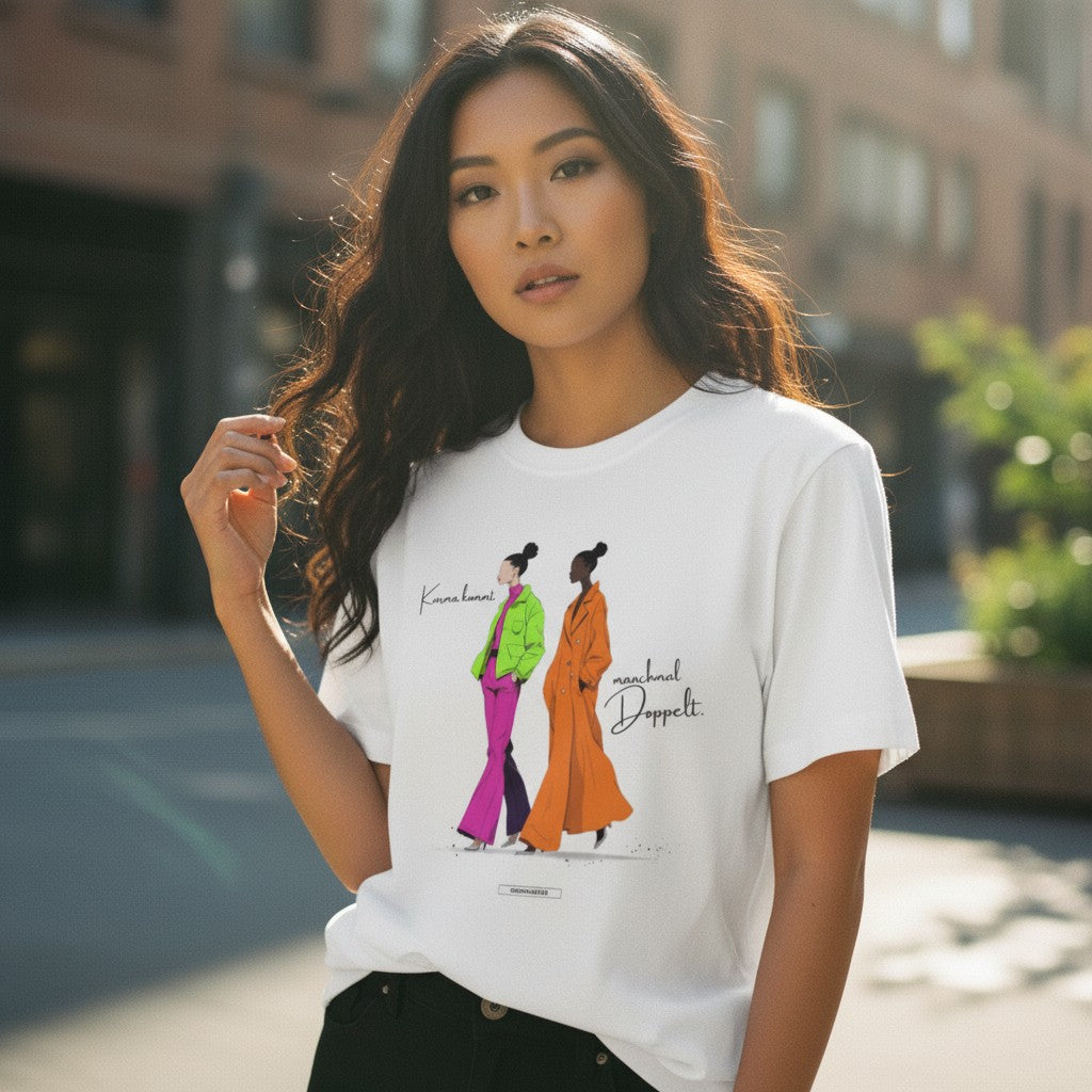 HOOKamSEE Shirt Karma kommt manchmal doppelt. in Weiß — Statement-Shirt Frauen, KARMA-Kollektion