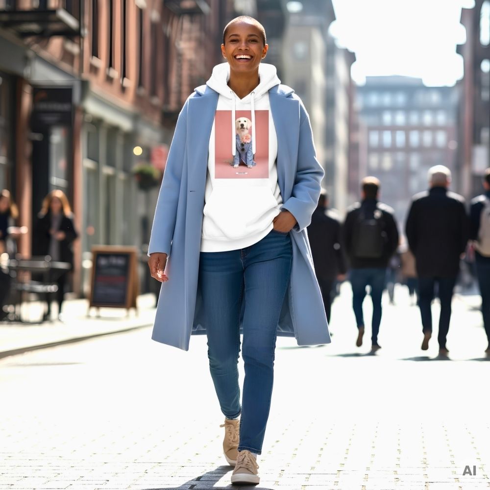 KI-generiertes Lifestylebild: Lachende Frau mit kurzen Haaren trägt den HOOKamSEE Hoodie Styled Dogs Creme Retriever in Weiß zu hellblauem Mantel und Jeans in einer Stadtstraße