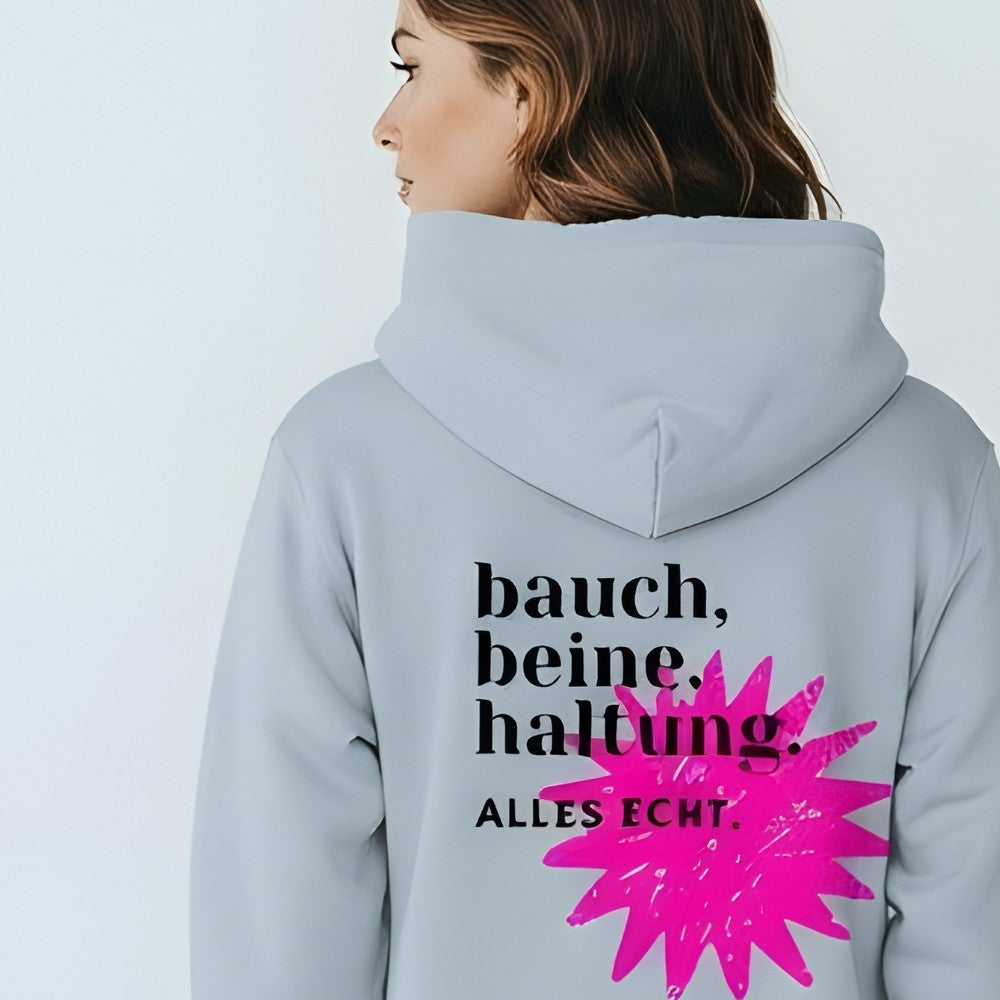 HOOKamSEE Unisex Bio Hoodie Bauch Beine Haltung Rückendruck Blue Fog Statement Hoodie nachhaltige Streetwear