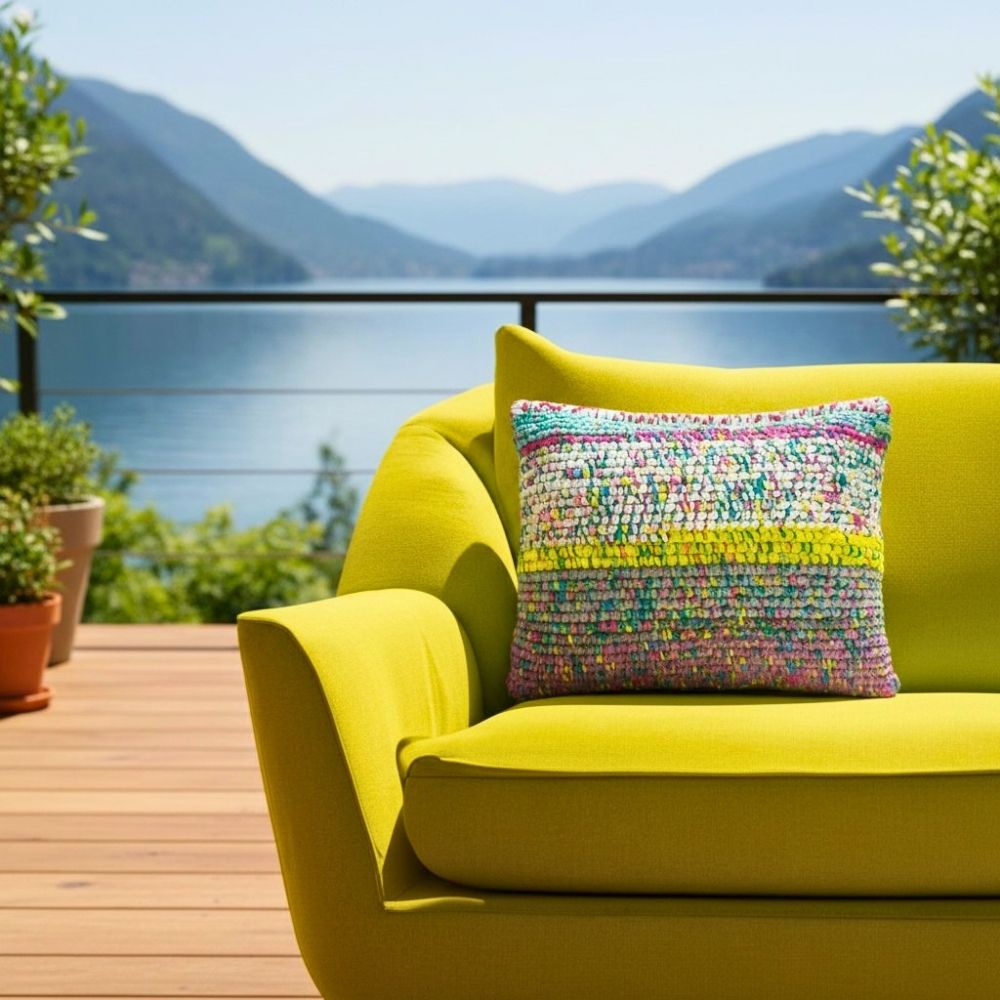Kissen Lagoon Mosaic auf einem senffarbenen Outdoor-Sofa mit Seeblick und Bergpanorama