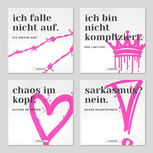 Keramikuntersetzer 4er-Set Nonchalant mit ironischen Statement-Motiven
