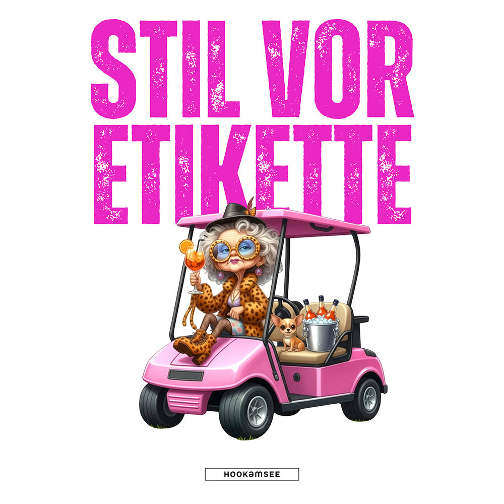 Print Motiv „Stil vor Etikette“ mit pinkem Schriftzug und Golfcart Illustration für Unisex Hoodie von HOOKamSEE