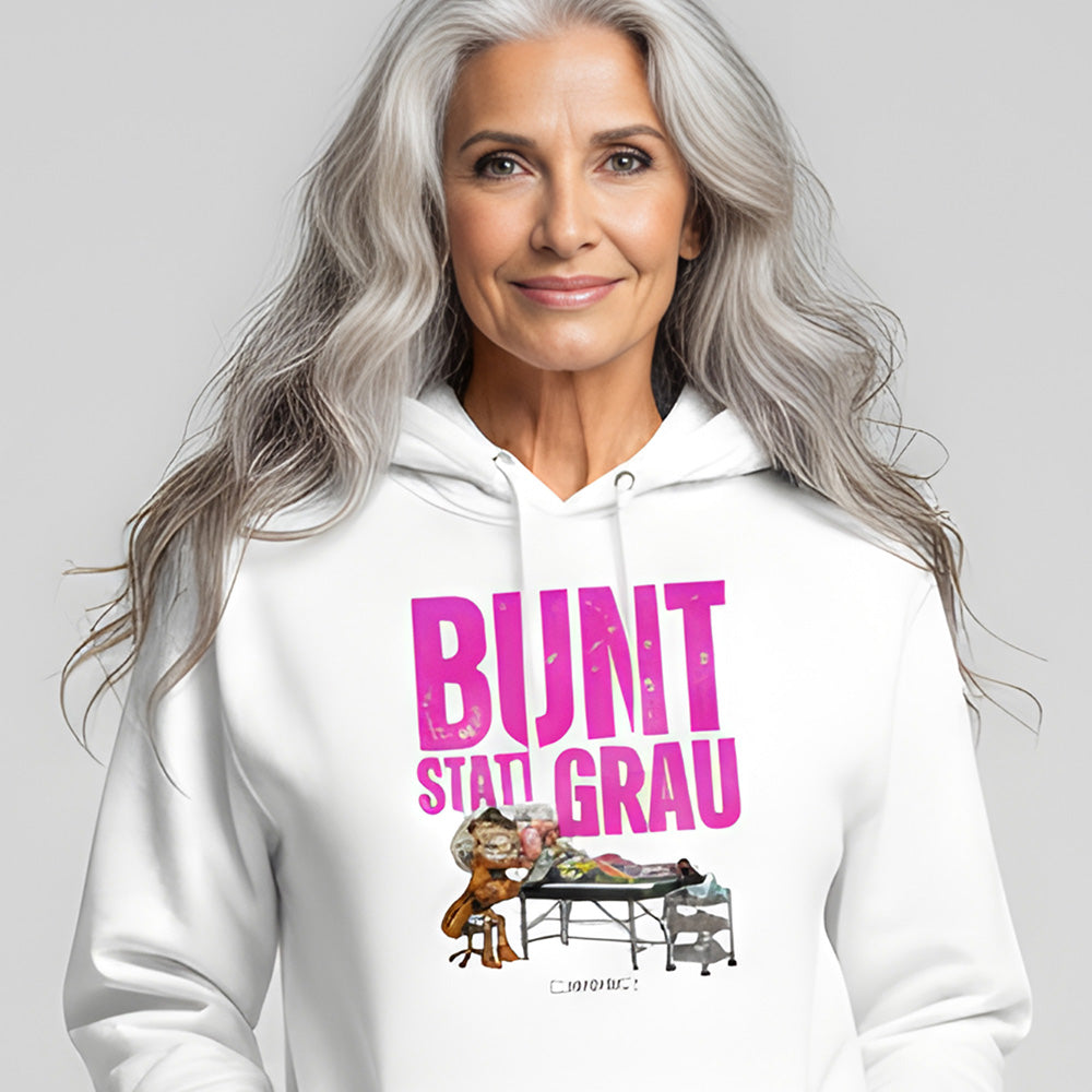 Damen Unisex Hoodie „Bunt statt Grau“ in Weiß mit pinkem Print und Oversize-Schnitt von HOOKamSEE