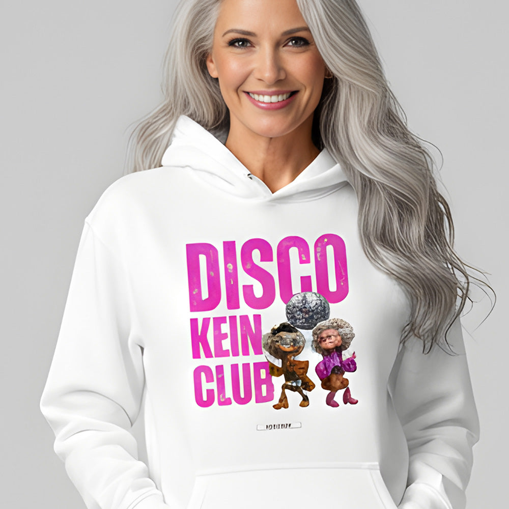 Damen Unisex Hoodie „Disco kein Club“ in Weiß mit pinkem Print und Oversize-Schnitt von HOOKamSEE