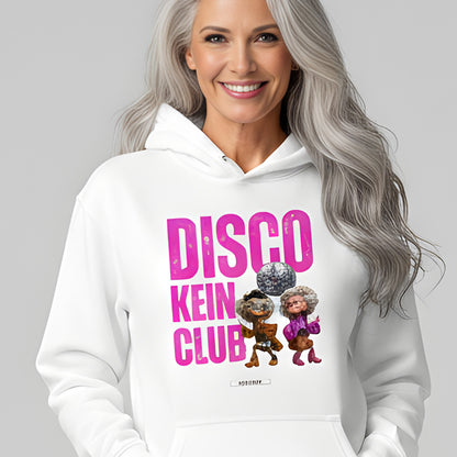 Damen Unisex Hoodie „Disco kein Club“ in Weiß mit pinkem Print und Oversize-Schnitt von HOOKamSEE