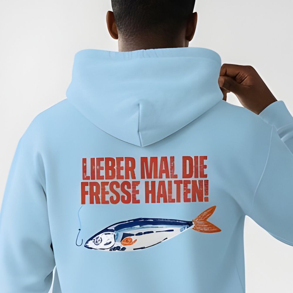 Unisex Hoodie Rückenansicht mit Statement Lieber mal die Fresse halten und Fisch Illustration auffälliger Backprint Streetwear
