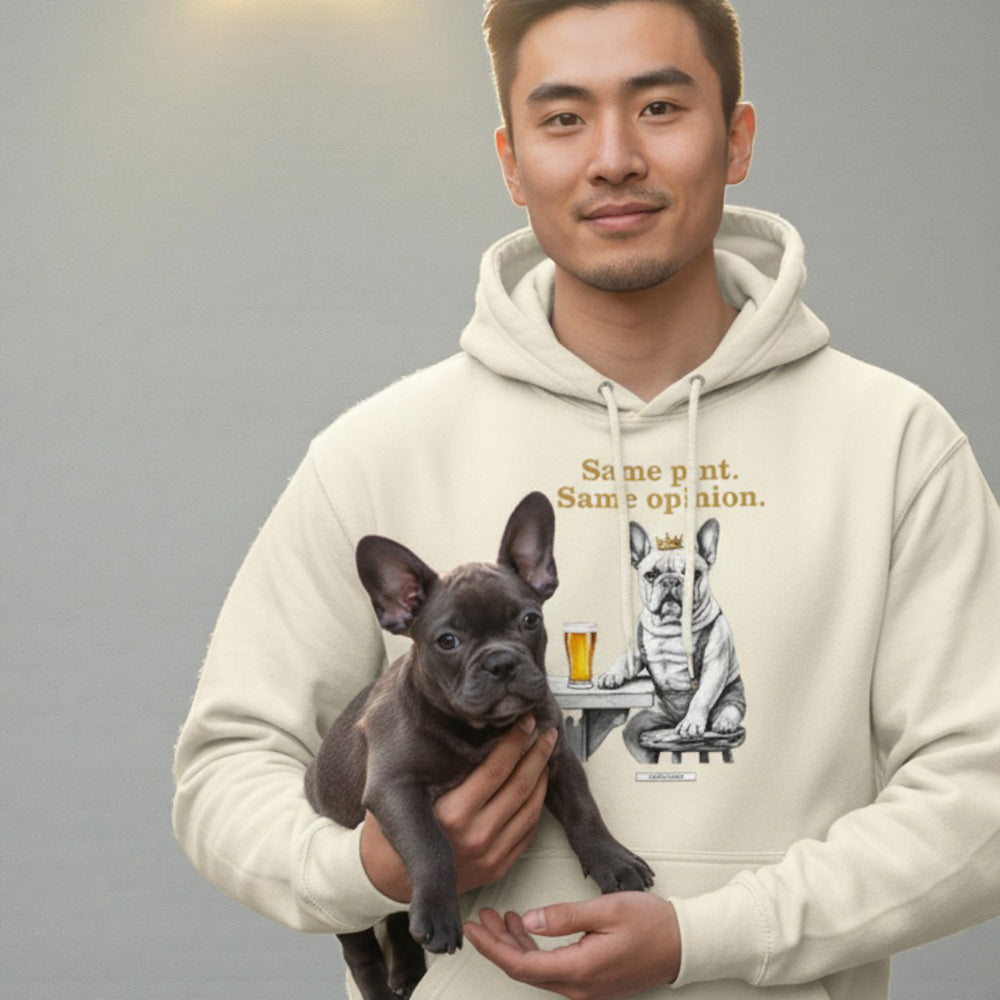 Unisex Hoodie Frenchie Same Pint mit Frenchie mit Krone und Bierglas am Tisch