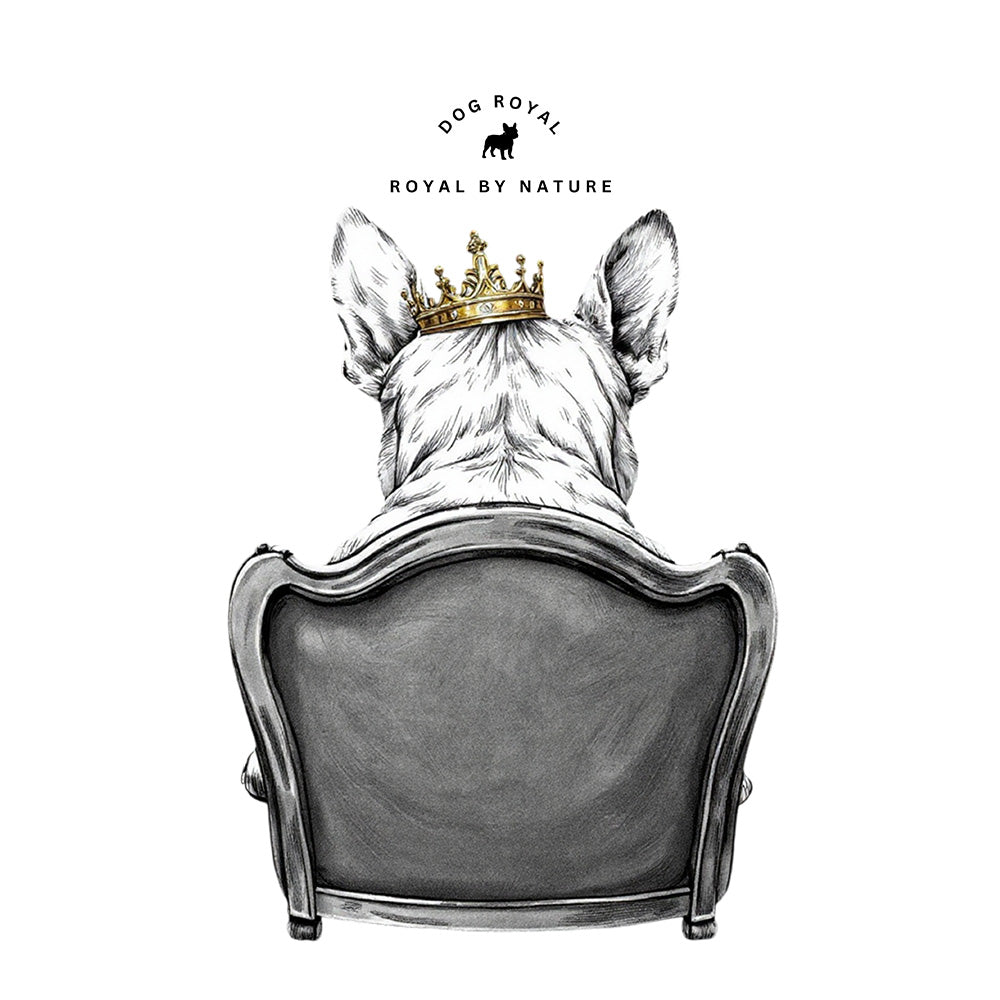 Rückseite Unisex Hoodie Frenchie Tea Time mit Royal by Nature Schriftzug und gekröntem Frenchie
