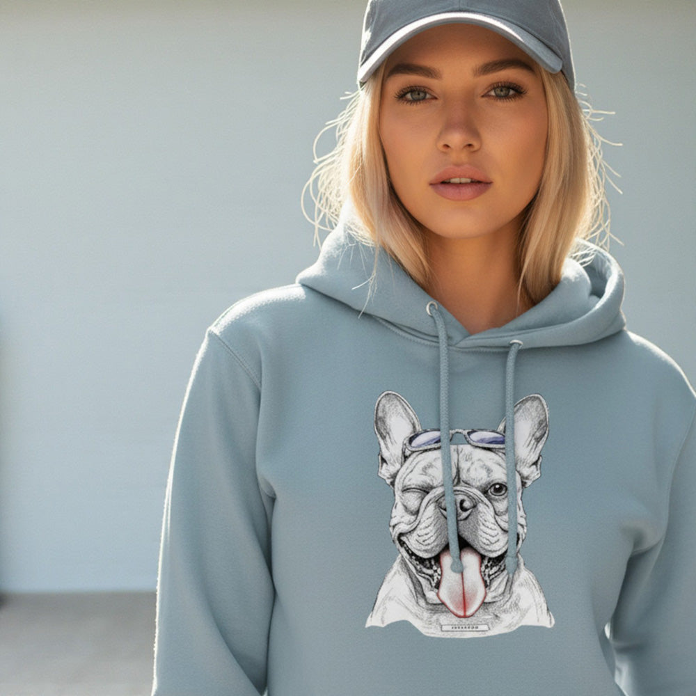 Unisex Hoodie Frenchie Wink Rebel mit zwinkerndem Frenchie und Sonnenbrille auf der Vorderseite