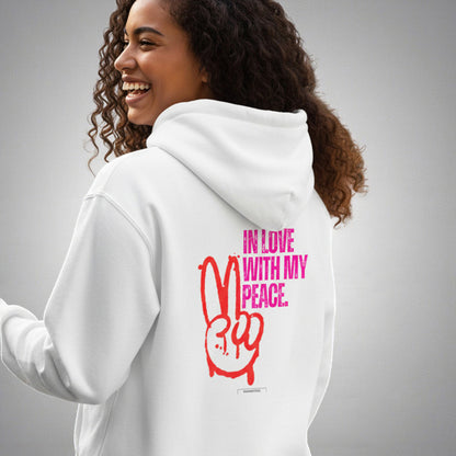 Damen Unisex Hoodie „In Love with my Peace“ mit pinkem Rückenprint von HOOKamSEE