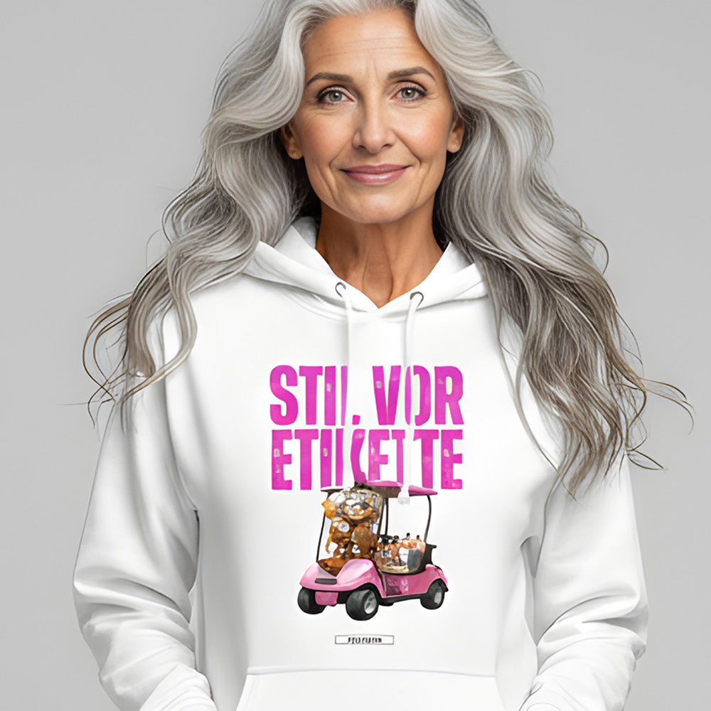Damen Unisex Hoodie „Stil vor Etikette“ in Weiß mit pinkem Print und Oversize-Schnitt von HOOKamSEE