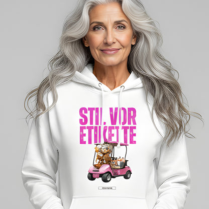 Damen Unisex Hoodie „Stil vor Etikette“ in Weiß mit pinkem Print und Oversize-Schnitt von HOOKamSEE