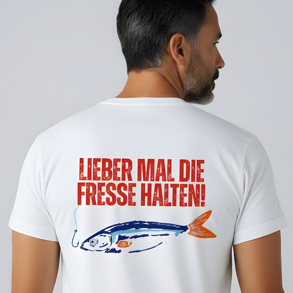 Unisex T Shirt mit Statement Lieber mal die Fresse halten auf dem Rücken mit Fisch Motiv von HOOKamSEE in maritimem Design
